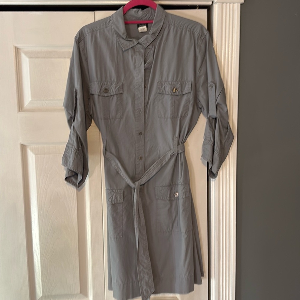 Belted grey shirt dress.